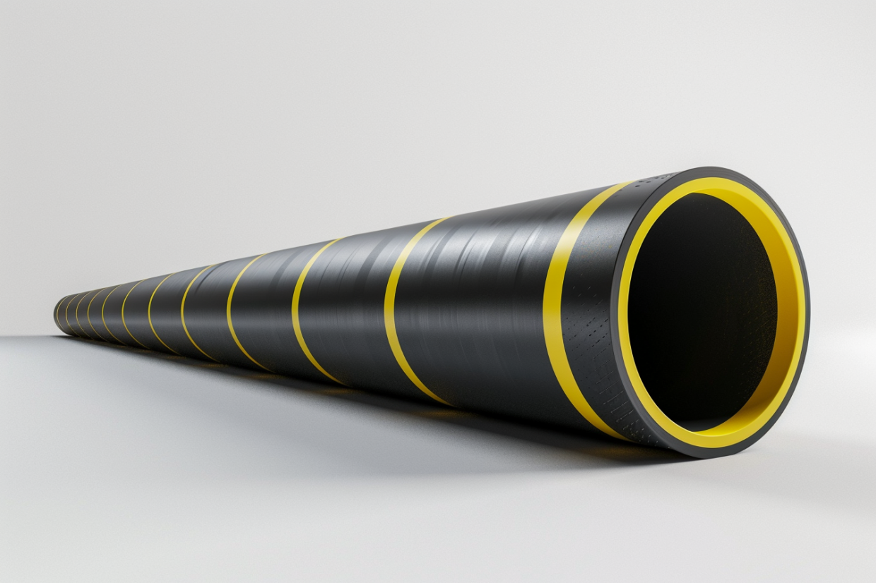 Black HDPE water supply pipe with yellow stripes